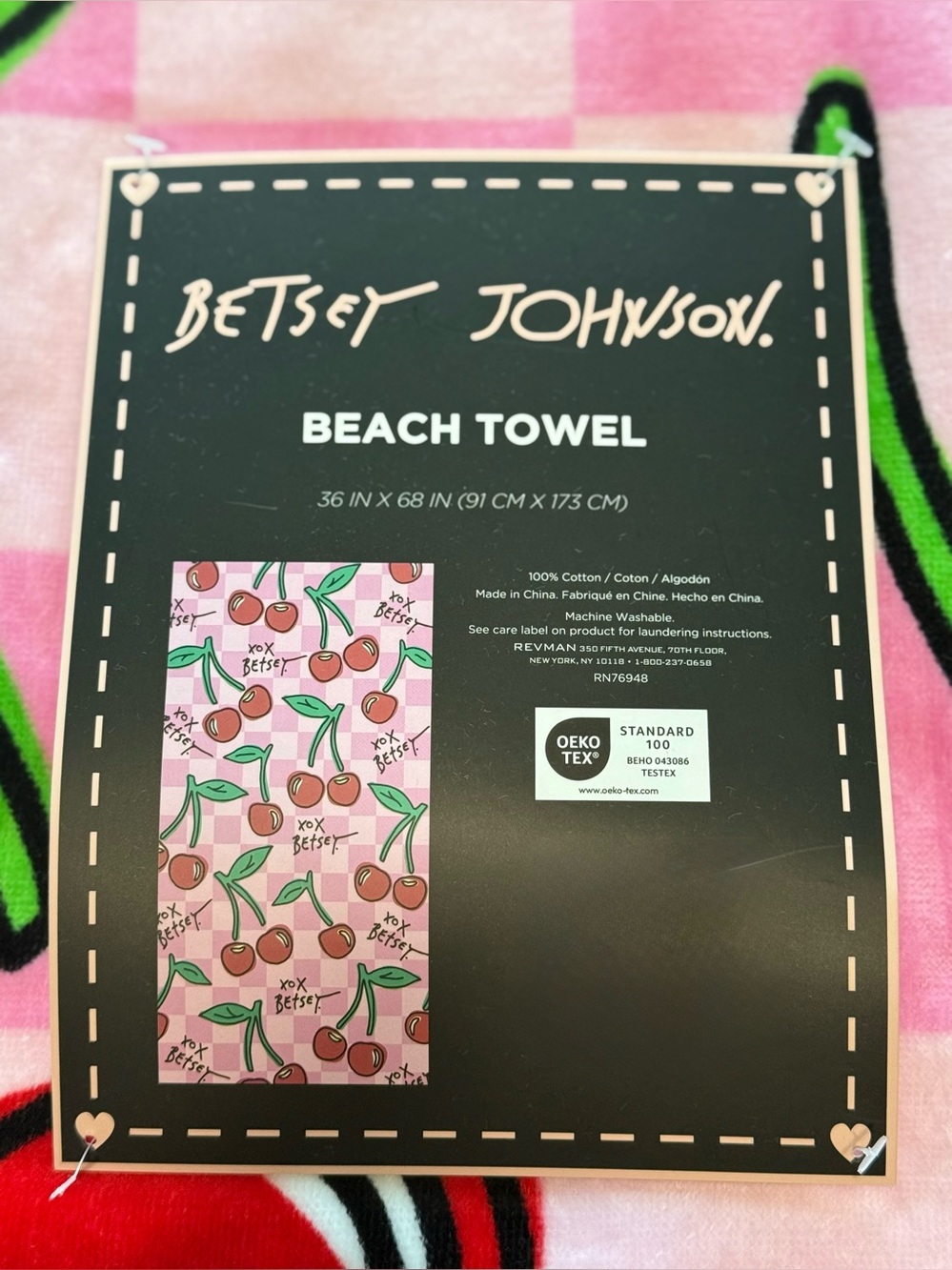 XL Betsey Johnson Pink Checkered Cherry Girl Beach Towel